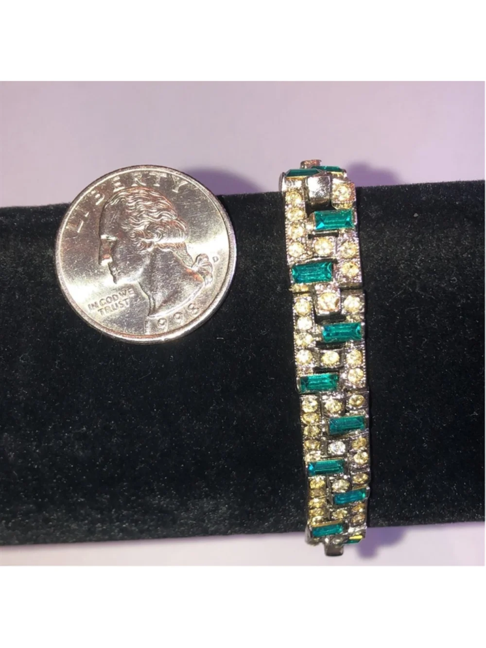 Vintage Silver Tone Green Rhinestone Boho Bracelet - Picture 5 of 8